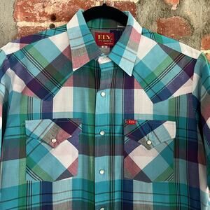 VTG ELY Plains Men's SS Blue Plaid Pearl Snap Shirt M 21x30